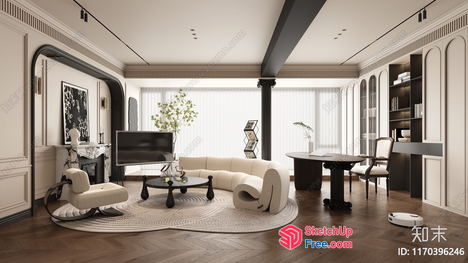 Elegant Creamy Style Living Room With Pillars 3D SketchUp File