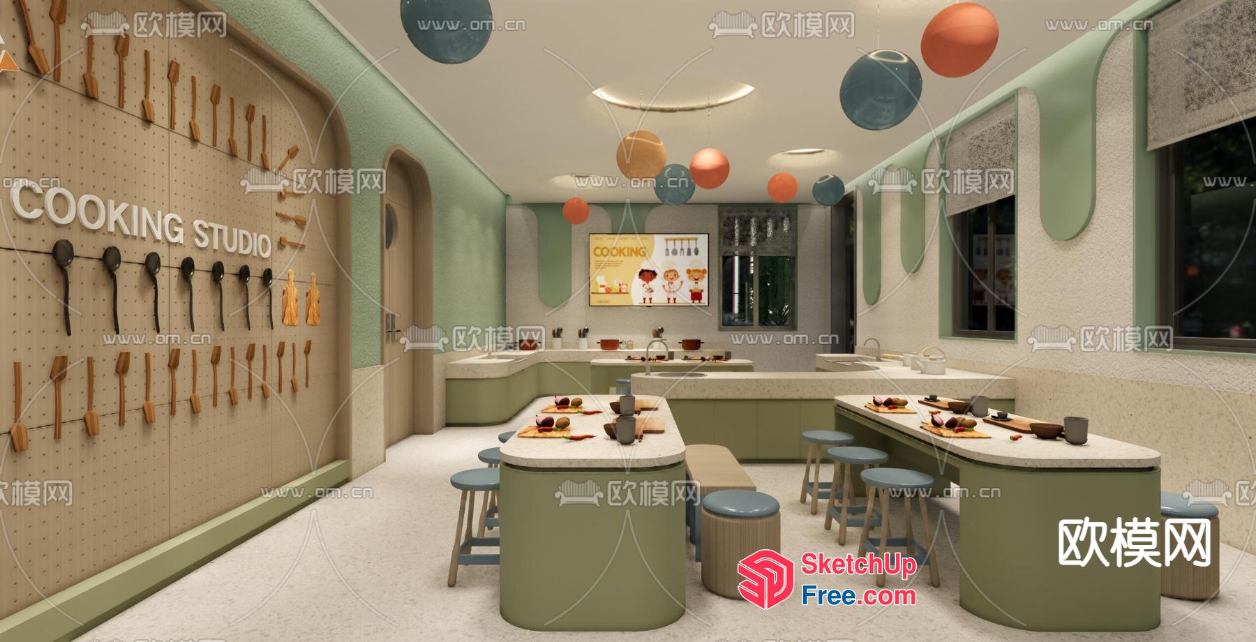 Modern Kitchen Interior With Green Accents And White Countertops 3D SketchUp File