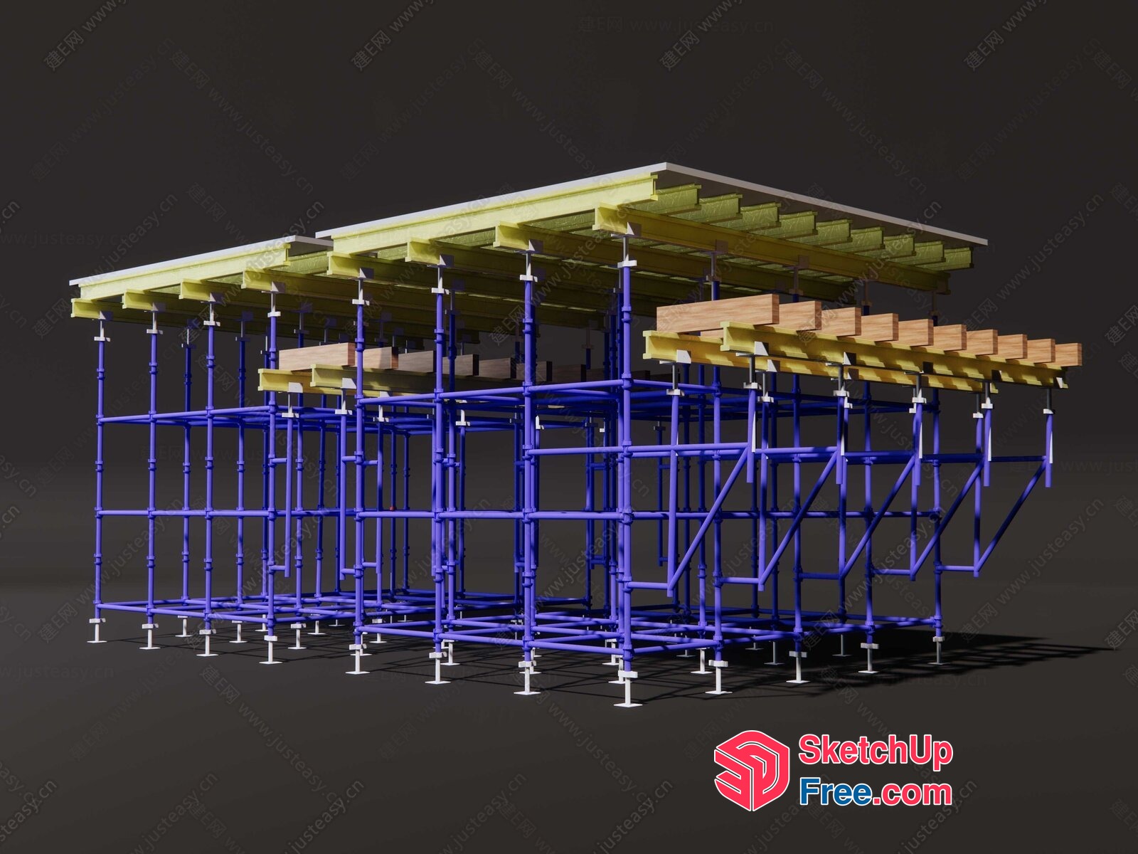 Industrial-Scale Scaffolding And Wooden Beams 3D SketchUp File