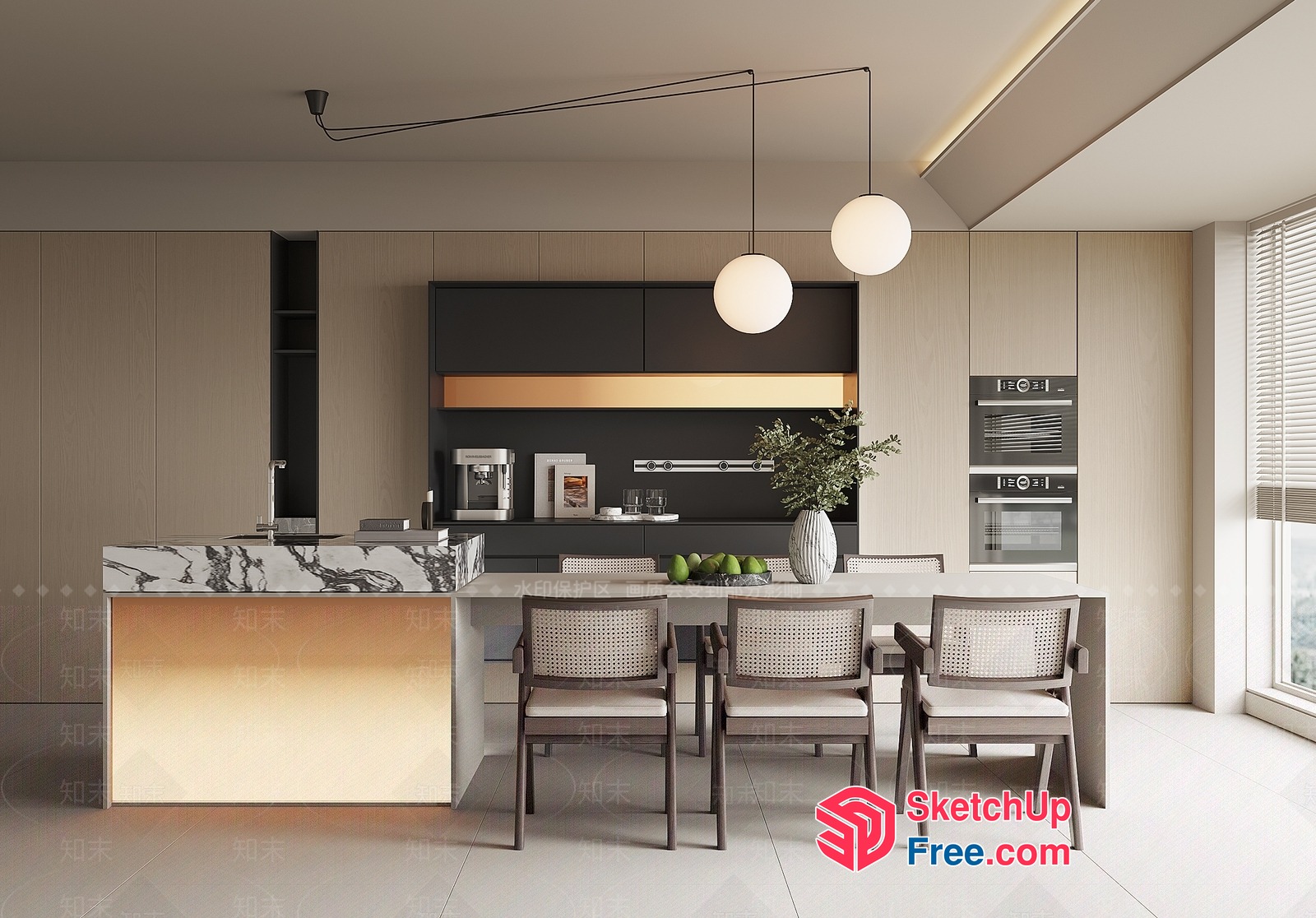 Modern Kitchen With Sleek Marble Countertops And Dark Cabinets 3D SketchUp File