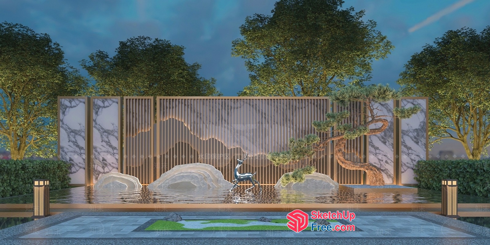 Serene Japanese-Inspired Garden Scene With Water Feature 3D SketchUp File
