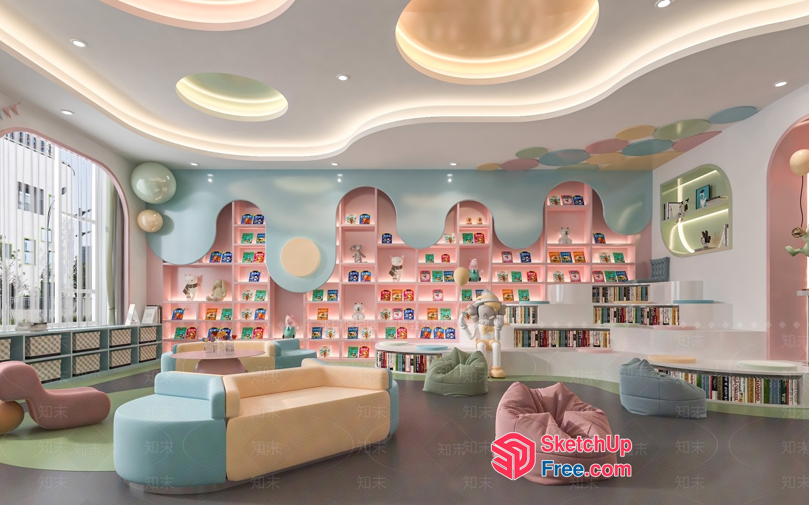 Pastel Colored Modern Library Interior 3D SketchUp File
