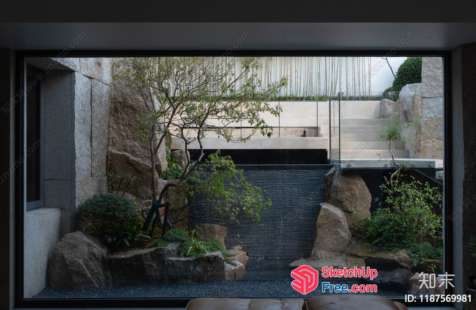 Japanese-Inspired Interior With Natural Stone Accents And Water Feature 3D SketchUp File