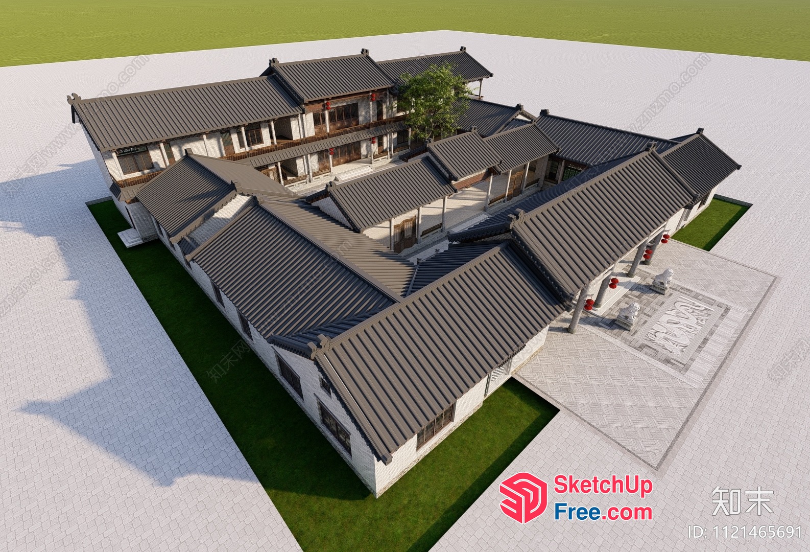 Traditional Chinese Villa With Gray Roof Tiles And White Walls 3D SketchUp File