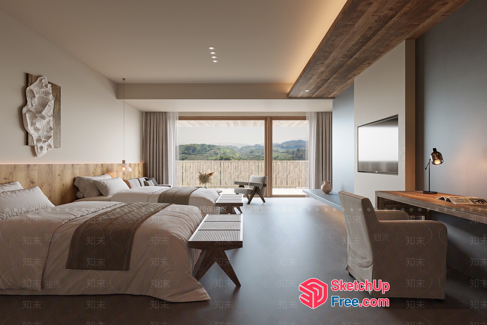 Modern Minimalist Japanese Style Hotel Room Interior 3D SketchUp File