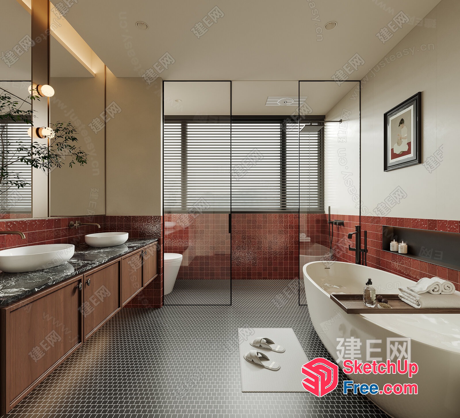 Modern Bathroom With Red Tiled Wall And White Bathtub 3D SketchUp File