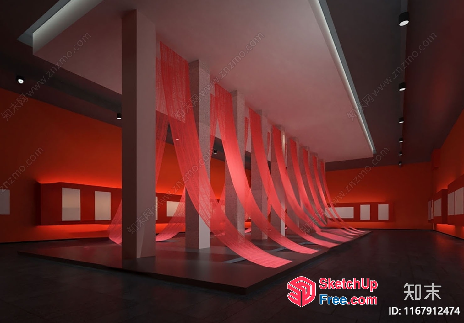 Red Pillar And Curtain Wall Interior 3D SketchUp File