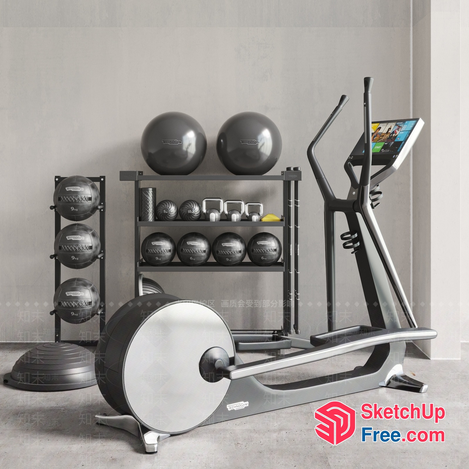 Modern Fitness Room With Elliptical Machine And Exercise Equipment 3D SketchUp File