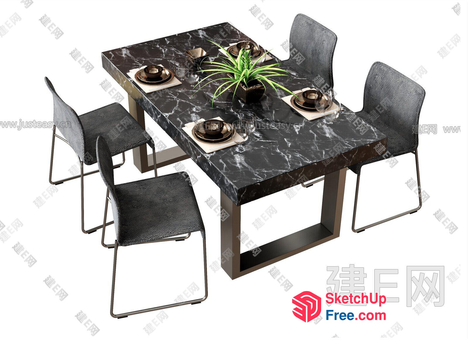 Elegant Black Marble Dining Table With Chairs 3D SketchUp File