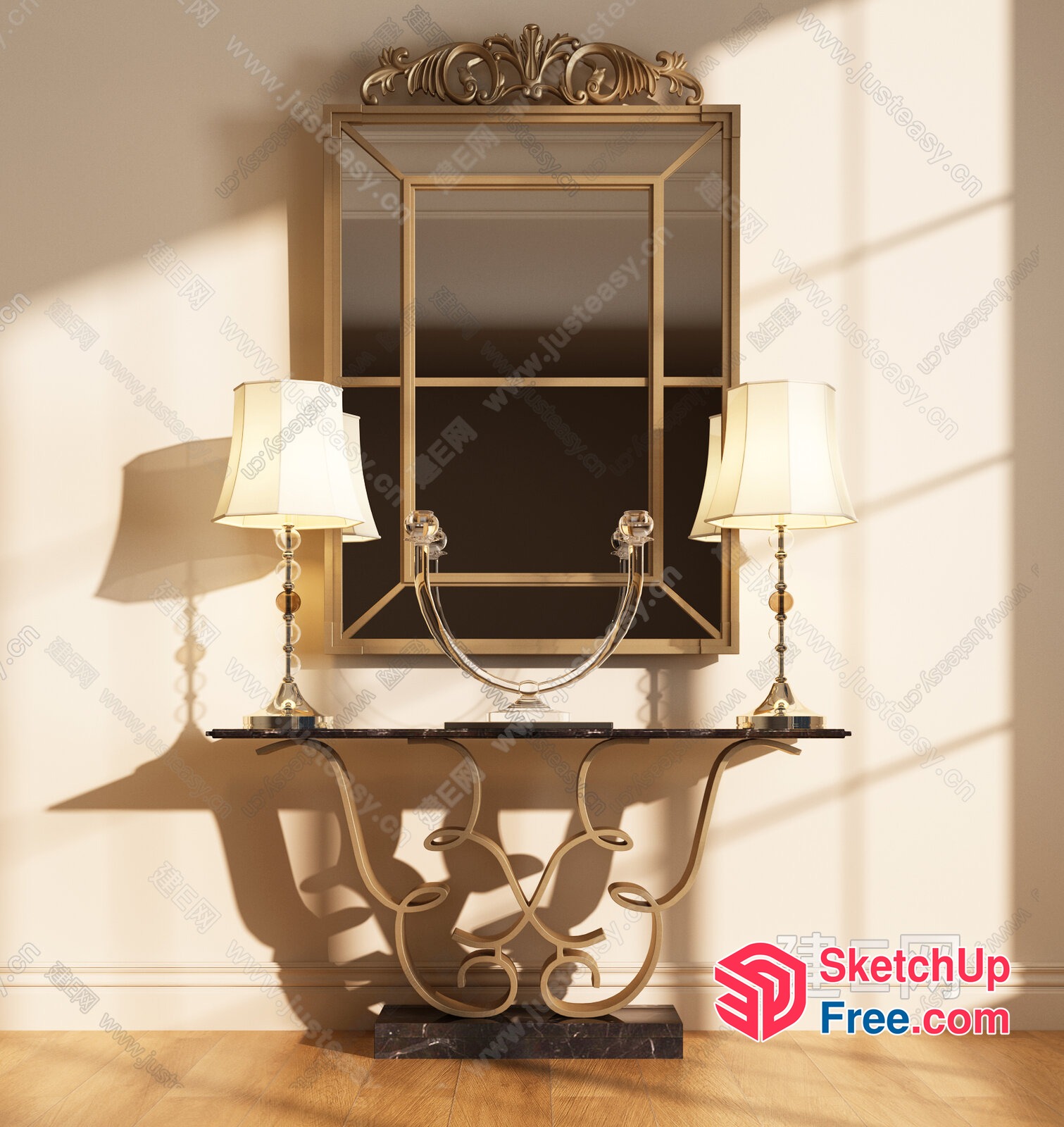 Elegant Console Table With Ornate Mirror And Lamps 3D SketchUp File