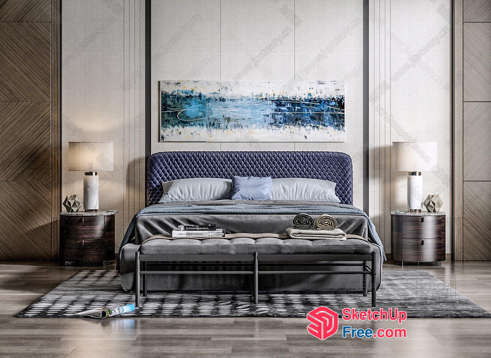 Modern Grey Bed And Nightstands 3D SketchUp File