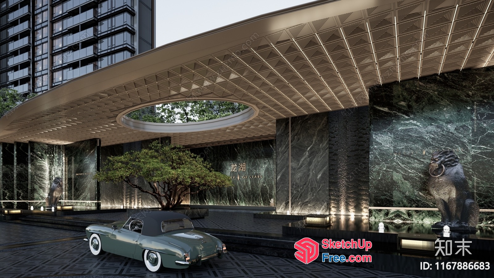 Modern Asian Architecture With Classic Car And Stairs 3D SketchUp File