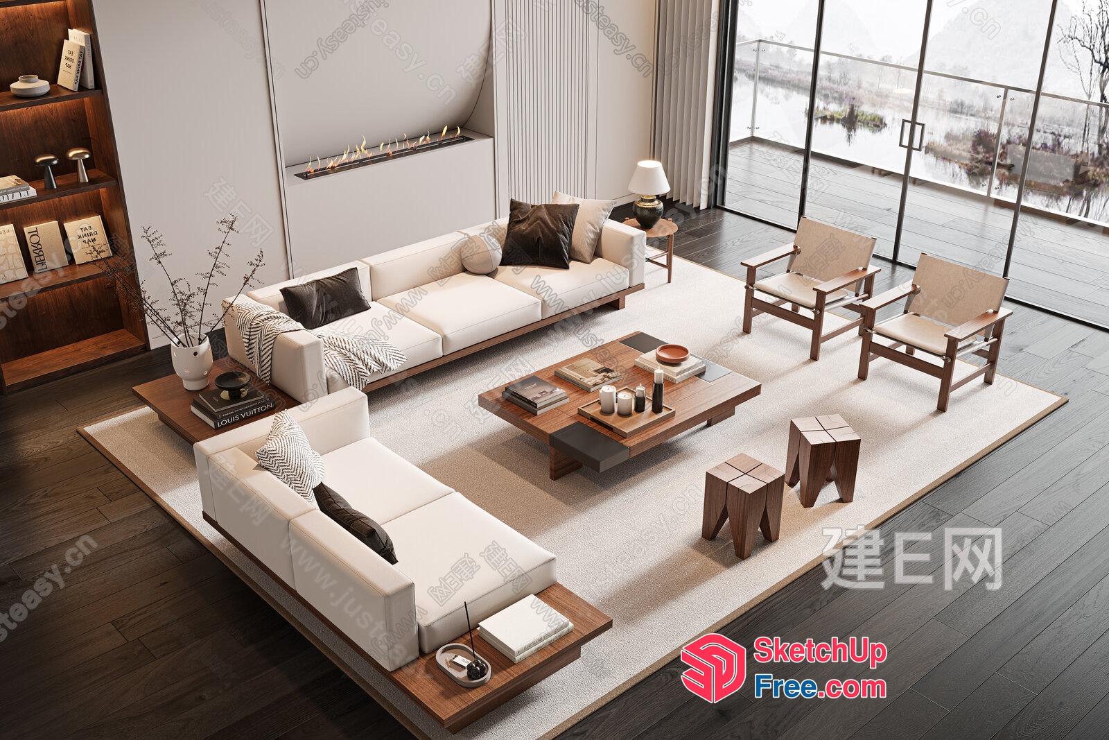 Modern Living Room With White Furniture And Dark Wood Accents 3D SketchUp File