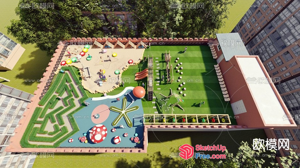 Aerial View Of A Colorful Playground With Unique Features 3D SketchUp File
