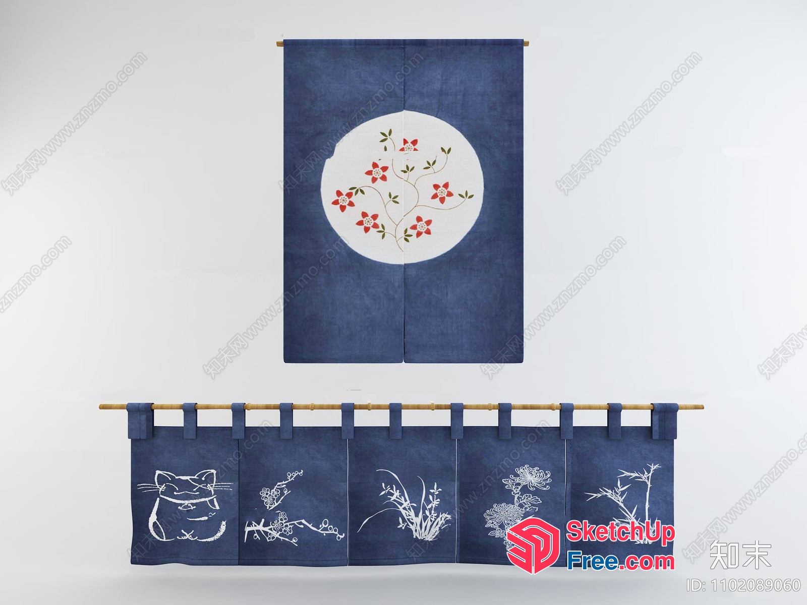 Blue Japanese Style Decorative Wall Hanging With Floral And Animal Designs 3D SketchUp File