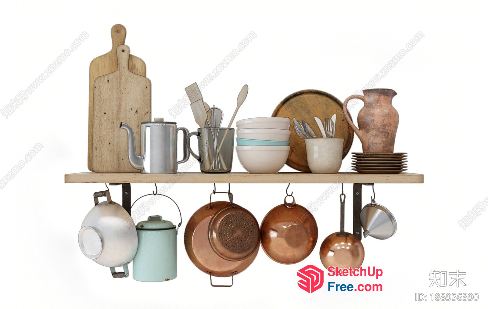 Rustic Kitchenware Collection On Wooden Shelf 3D SketchUp File