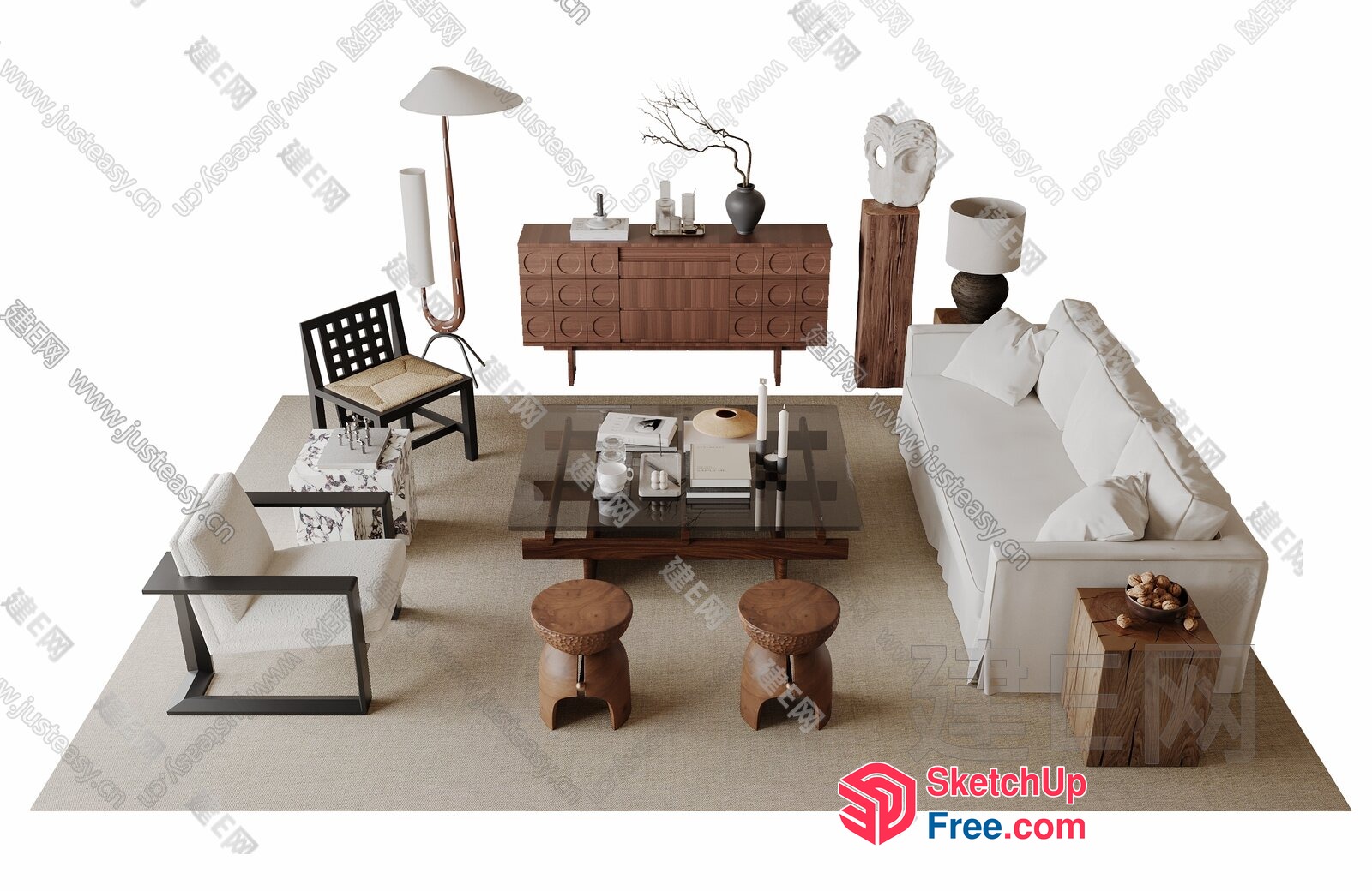Japanese Style Living Room With White And Brown Furniture 3D SketchUp File