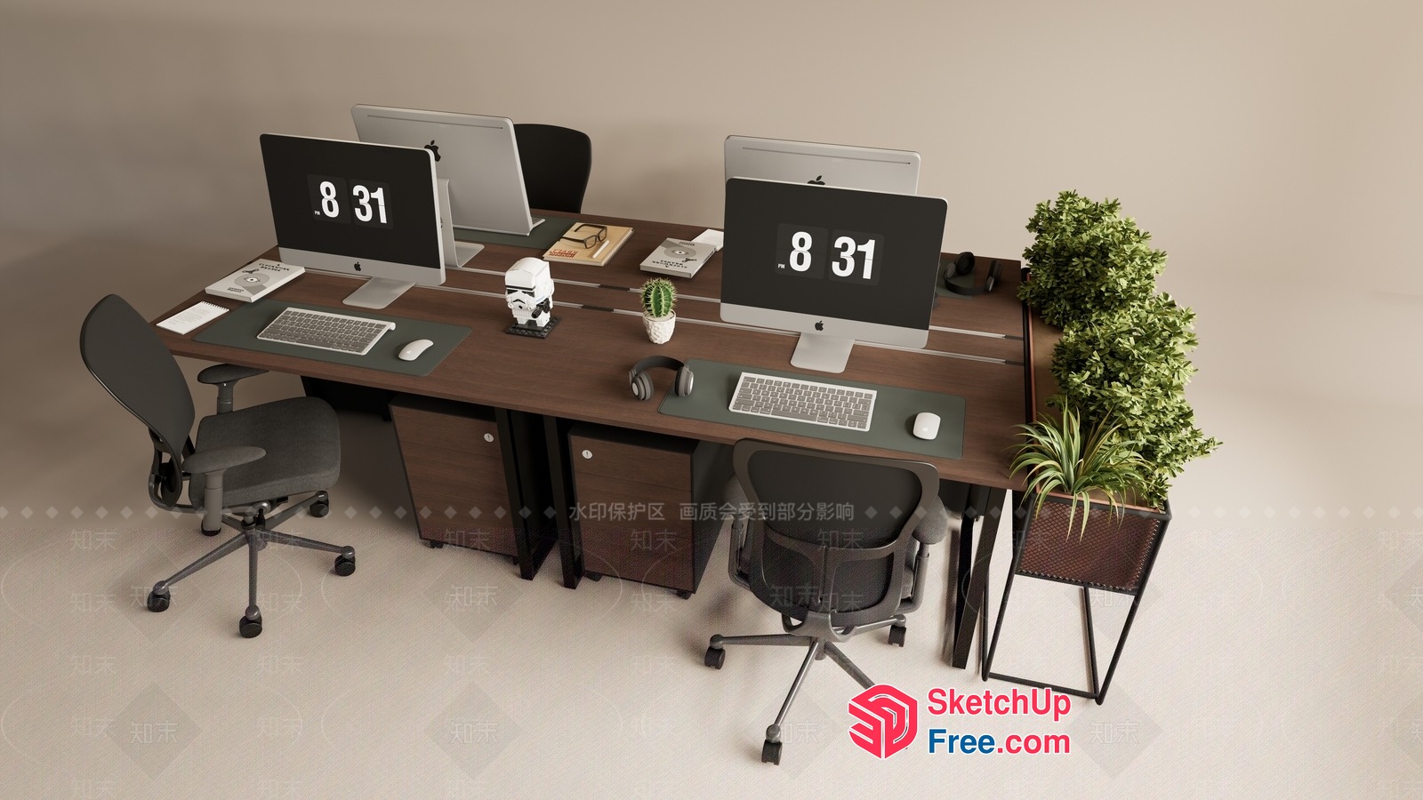 Office Workspace With Two Desks And Computer Monitors 3D SketchUp File