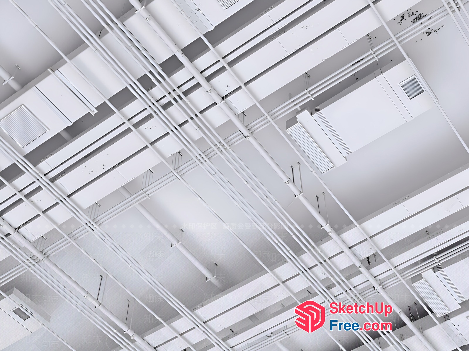 White Pipes And Beams On A White Ceiling 3D SketchUp File