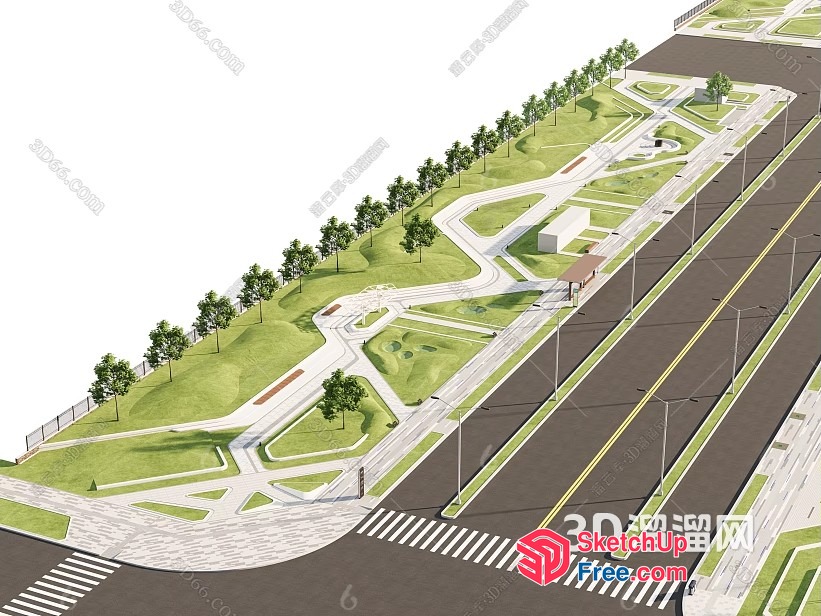 3D Visualisation Of A Modern Park With A Road And Trees 3D SketchUp File