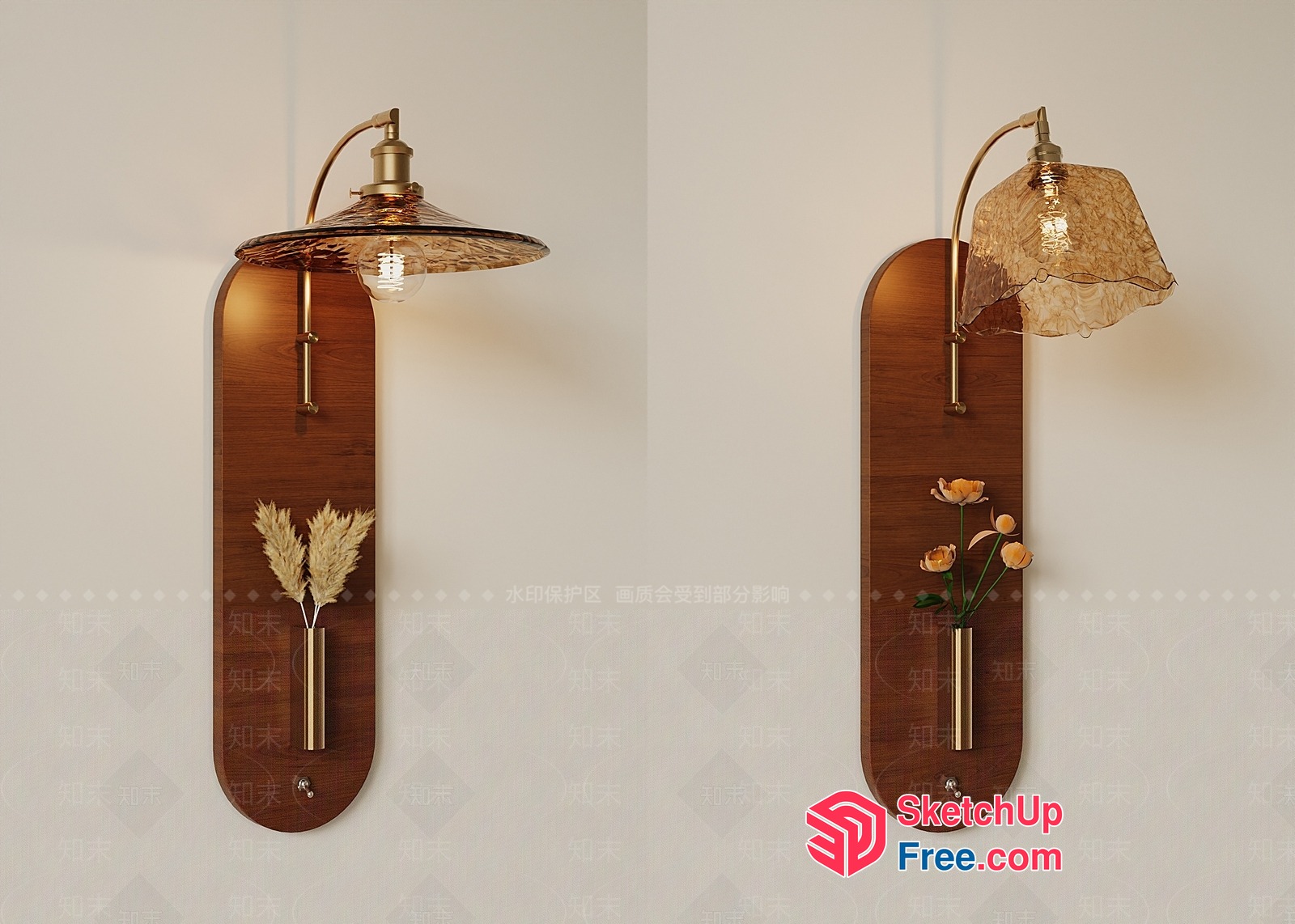 Elegant Wooden Wall Lamp With Glass Shade And Flower Vase 3D SketchUp File