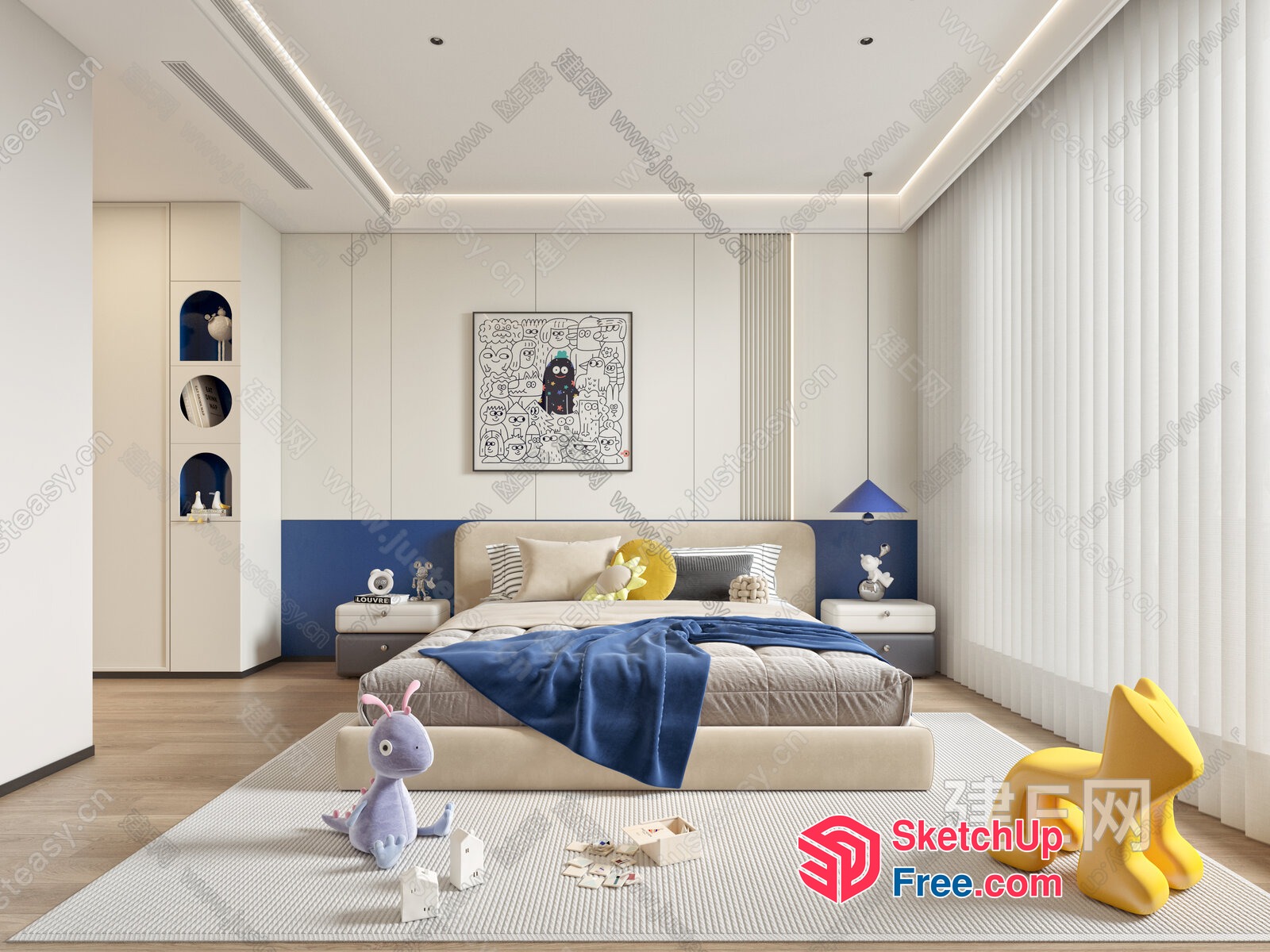 Modern Minimalist Bedroom With Vibrant Animal Decor 3D SketchUp File