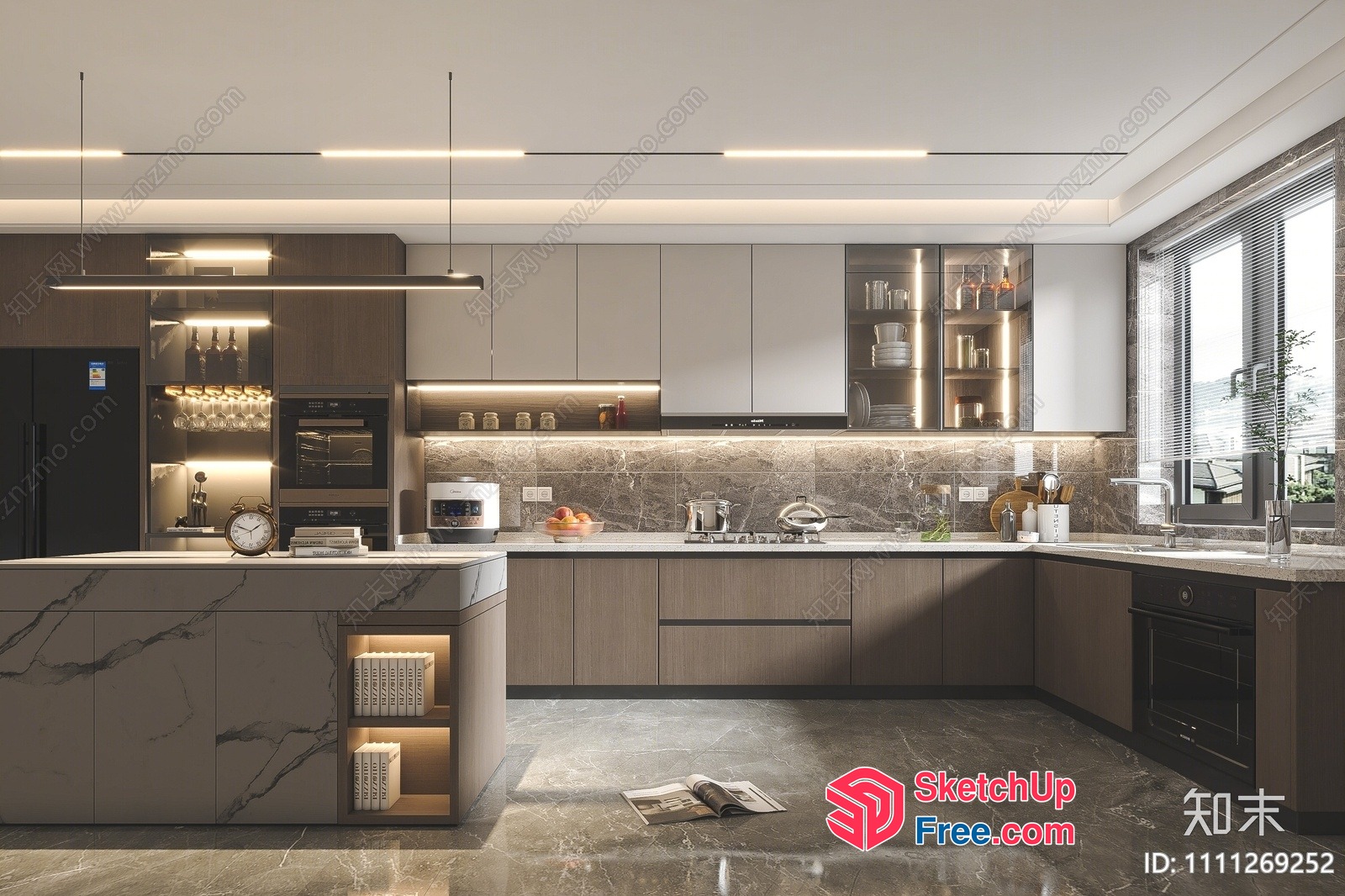 Modern Kitchen With Marble Countertops And Wooden Cabinets 3D SketchUp File