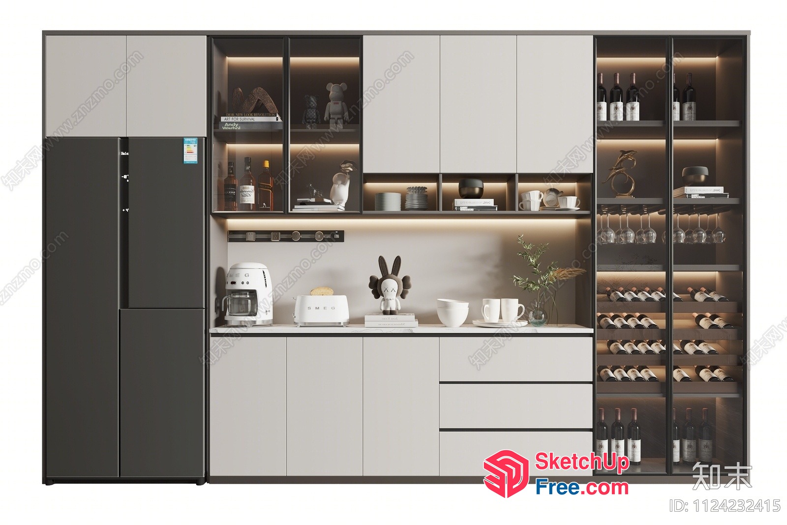 Modern Kitchen Interior With Wine Storage And Refrigerator 3D SketchUp File