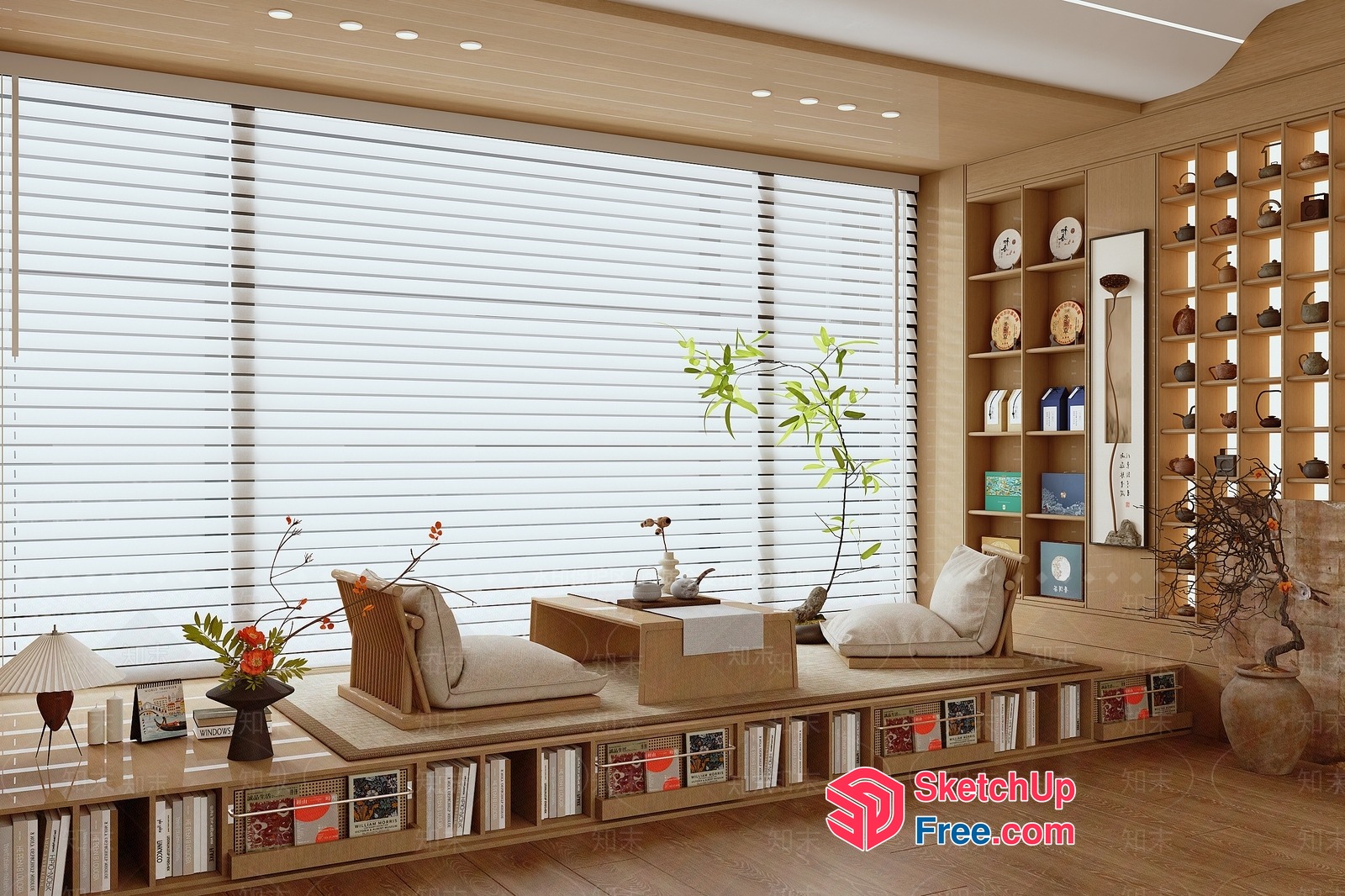 Japanese-Style Living Room With Built-In Bookshelf 3D SketchUp File