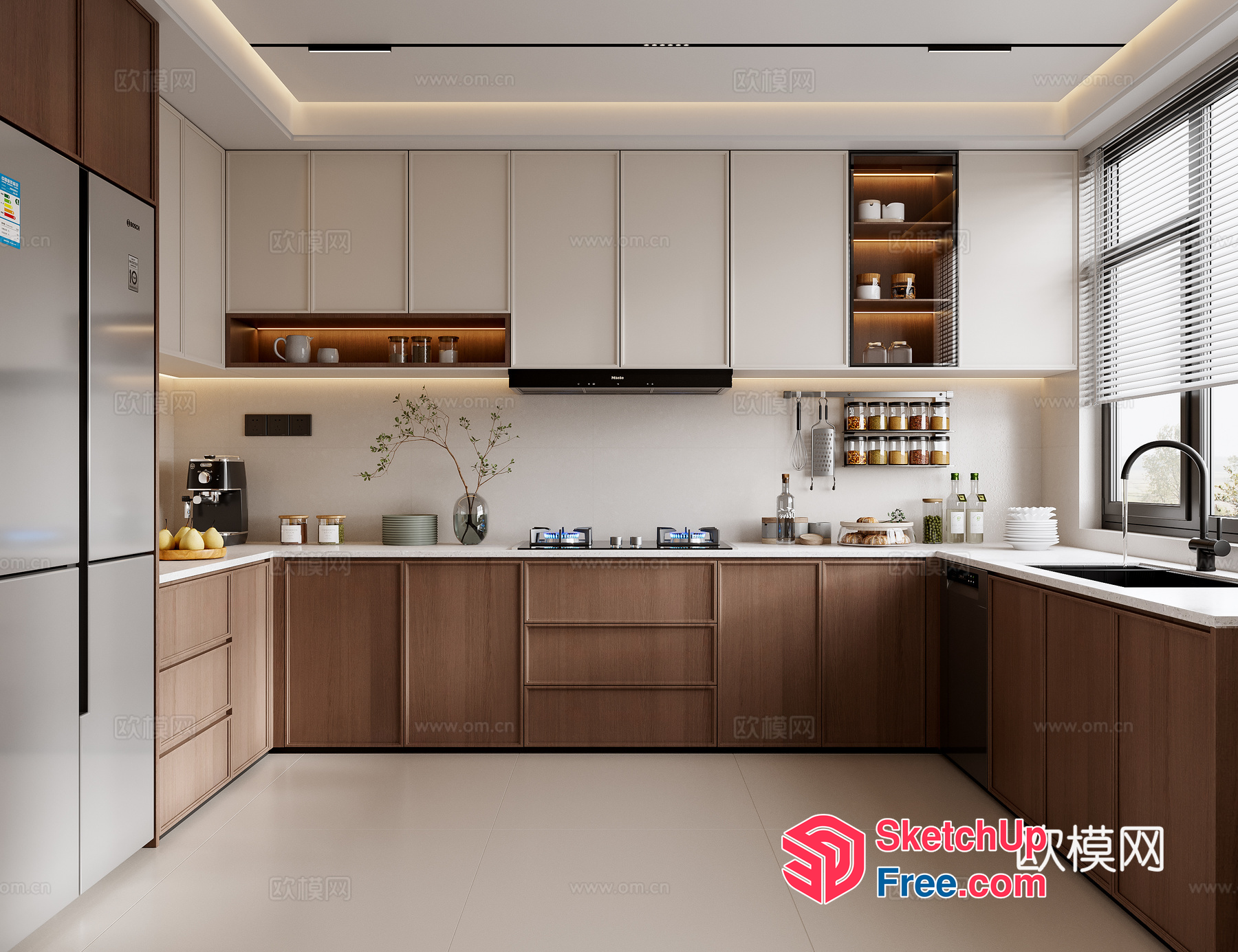 Modern Kitchen With Sleek Wood Cabinets And White Countertops 3D SketchUp File