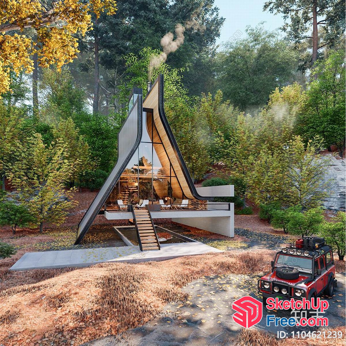 Modern A-Frame Home With Glass Facade And Stairs 3D SketchUp File