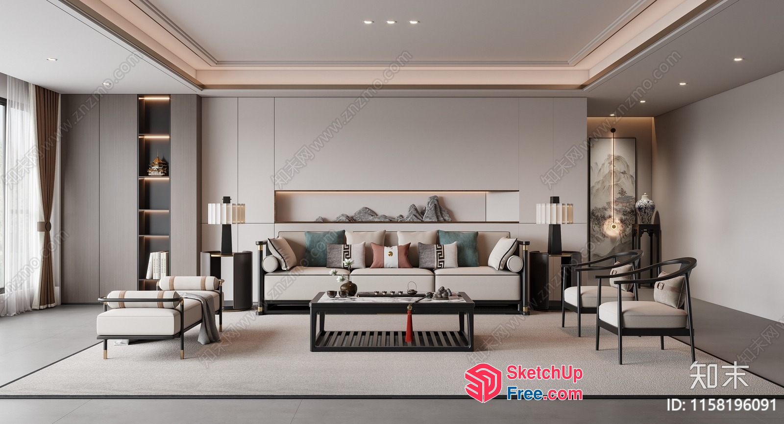 Elegant And Modern Living Room With Creamy Style Sofa And Pillows 3D SketchUp File
