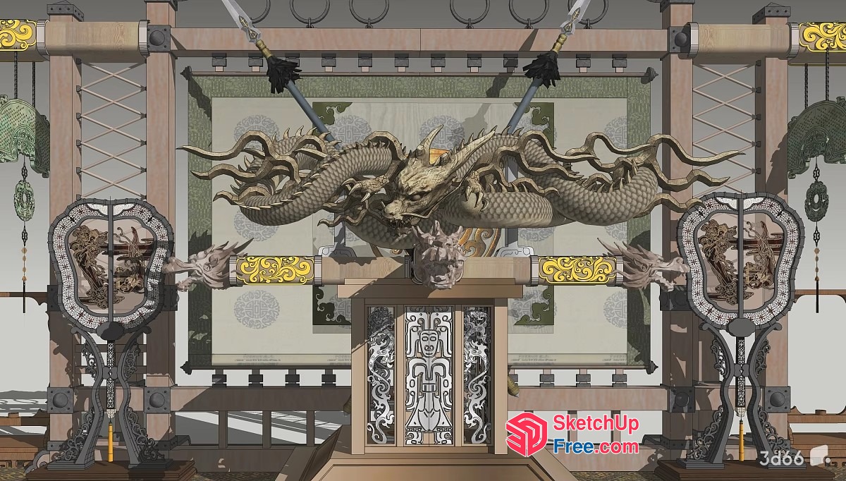 Elegant Asian-Inspired Interior With Intricate Dragon Decorations 3D SketchUp File