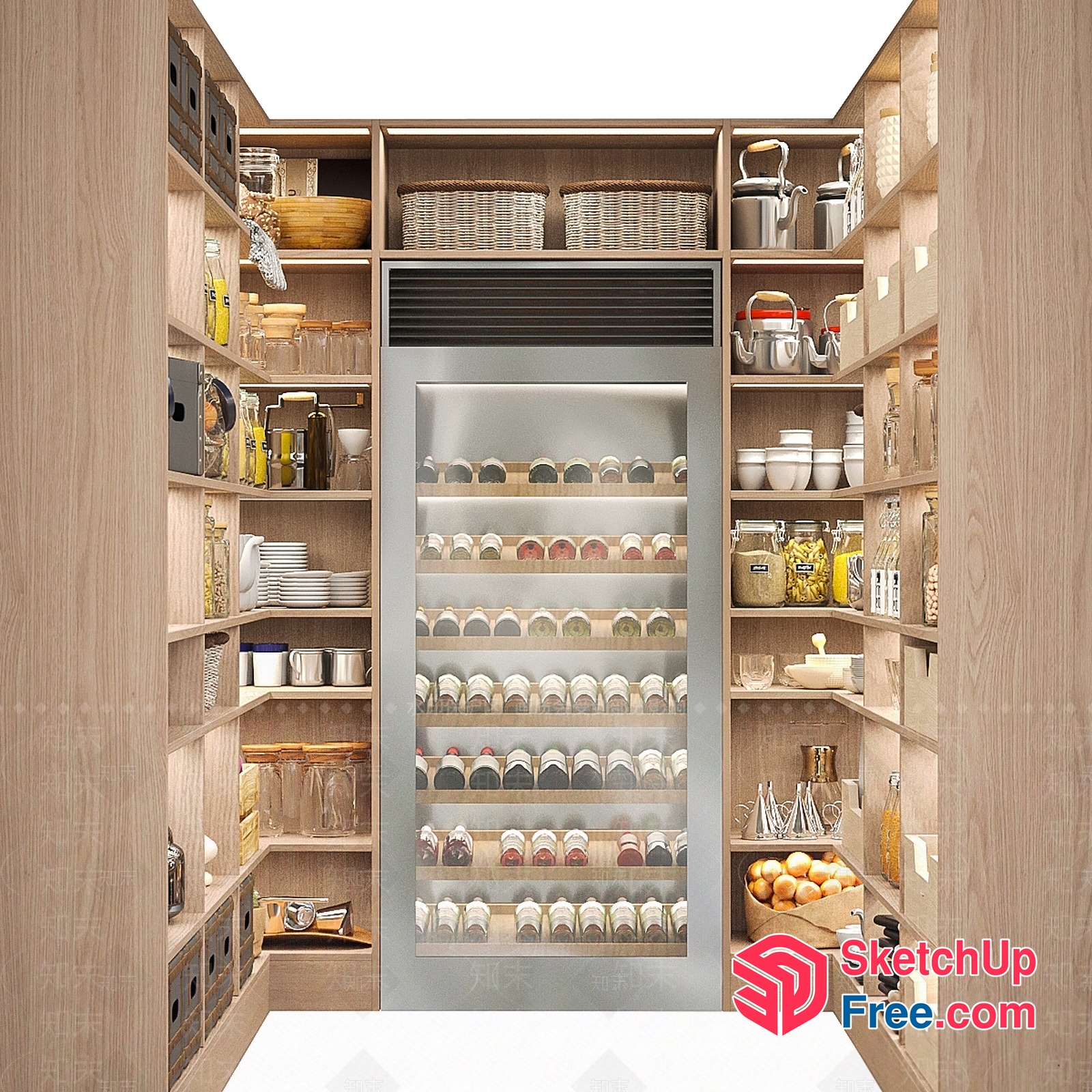 Pantry With Modern Glass Door And Light Wood Shelving 3D SketchUp File