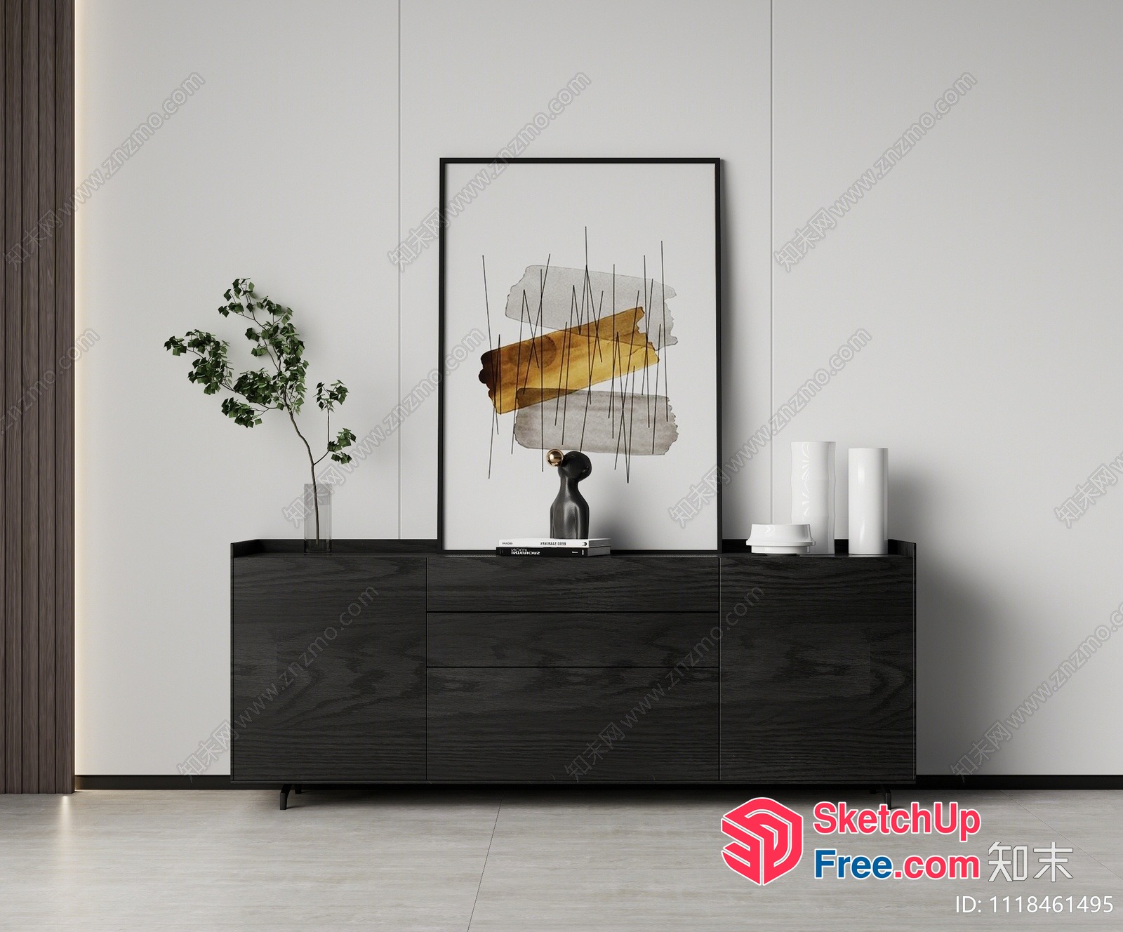 Modern Minimalist Black Wood Furniture And Artwork 3D SketchUp File