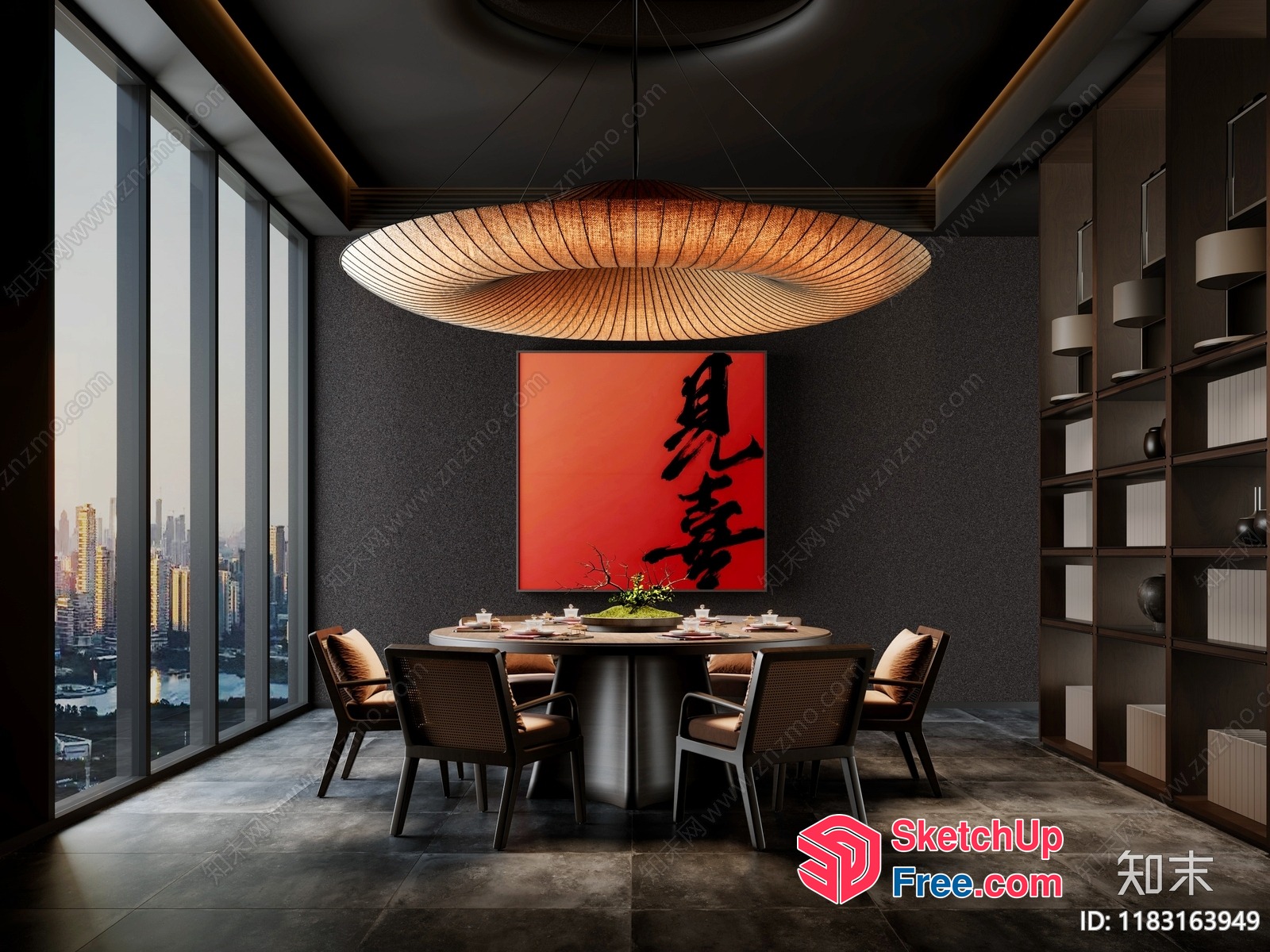 Modern Asian-Inspired Dining Room With Stunning City View 3D SketchUp File