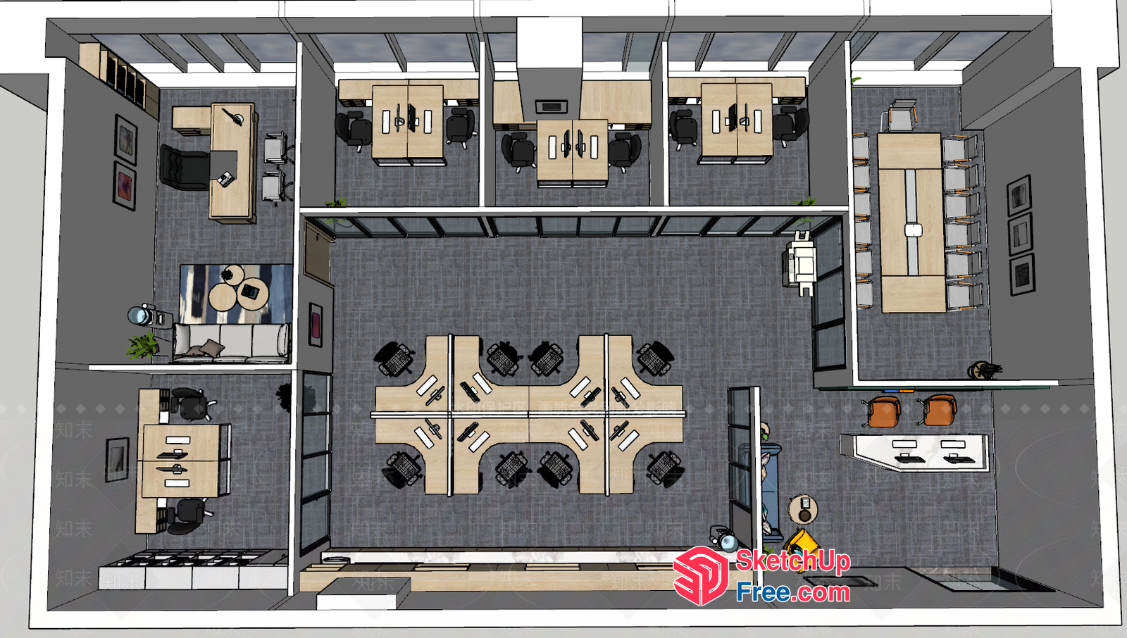 Modern Office Space With Gray Carpet And Wooden Furniture 3D SketchUp File