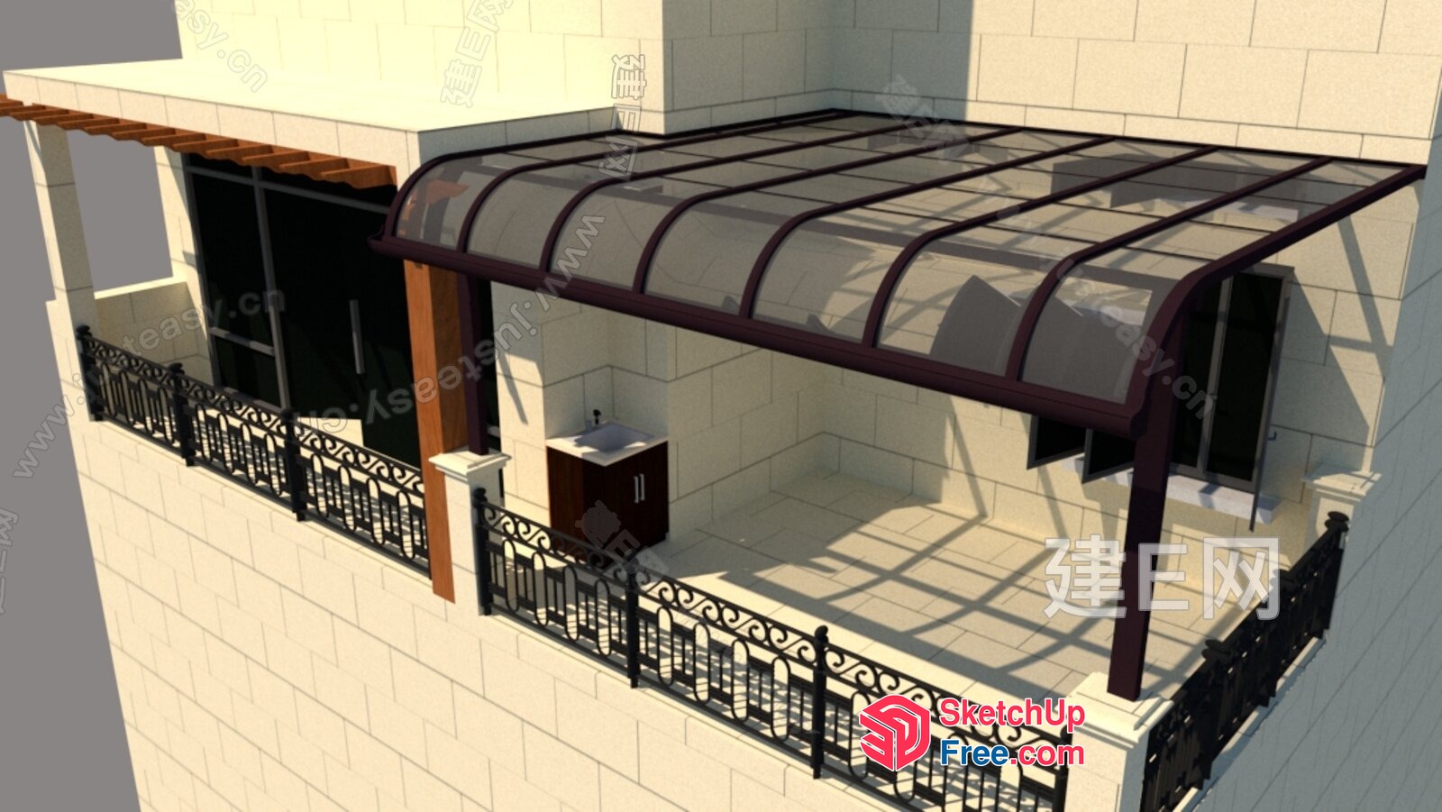 Balcony With Glass Curtain Wall And Railing 3D SketchUp File