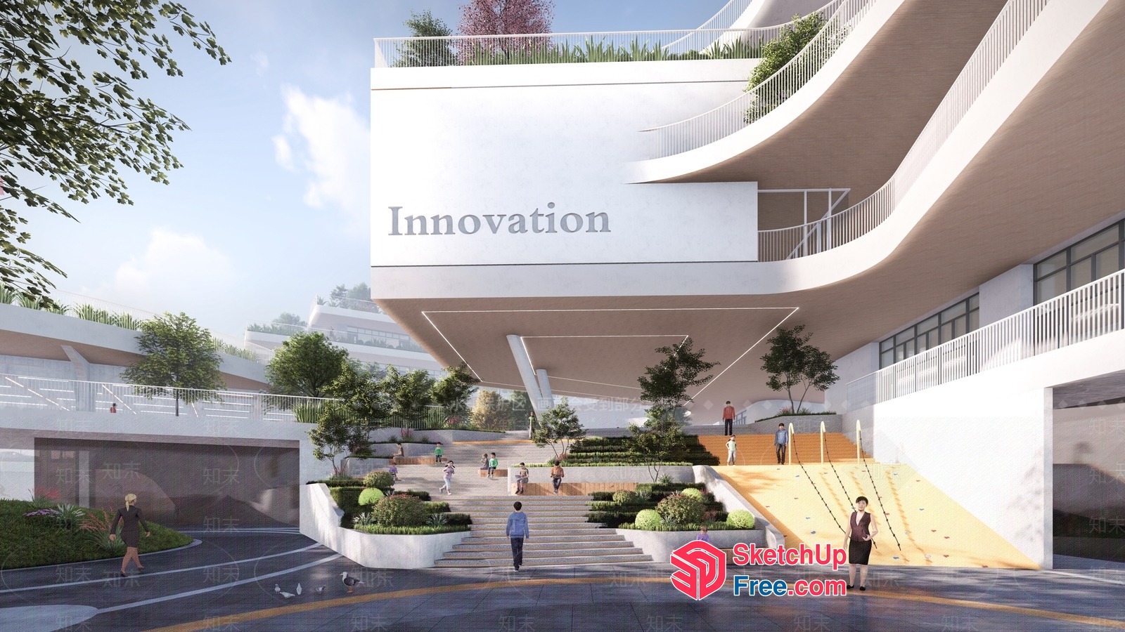 Modern Innovation Center With Sleek Stairs And Greenery 3D SketchUp File