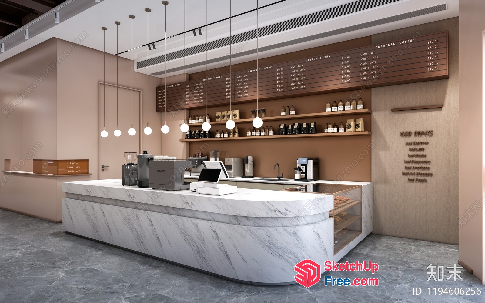 Modern Coffee Shop Interior With Marble Counter And Brown Decor 3D SketchUp File