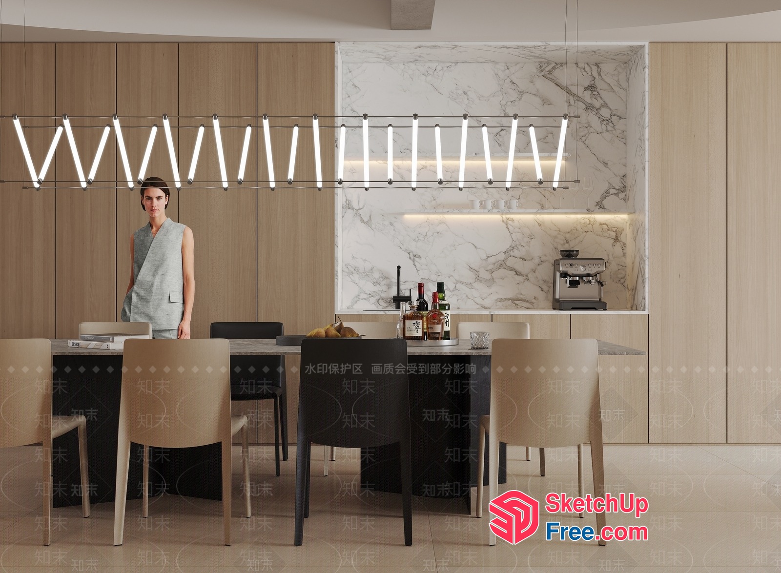 Modern Minimalist Dining Room With Sleek Lighting And Marble Accents 3D SketchUp File
