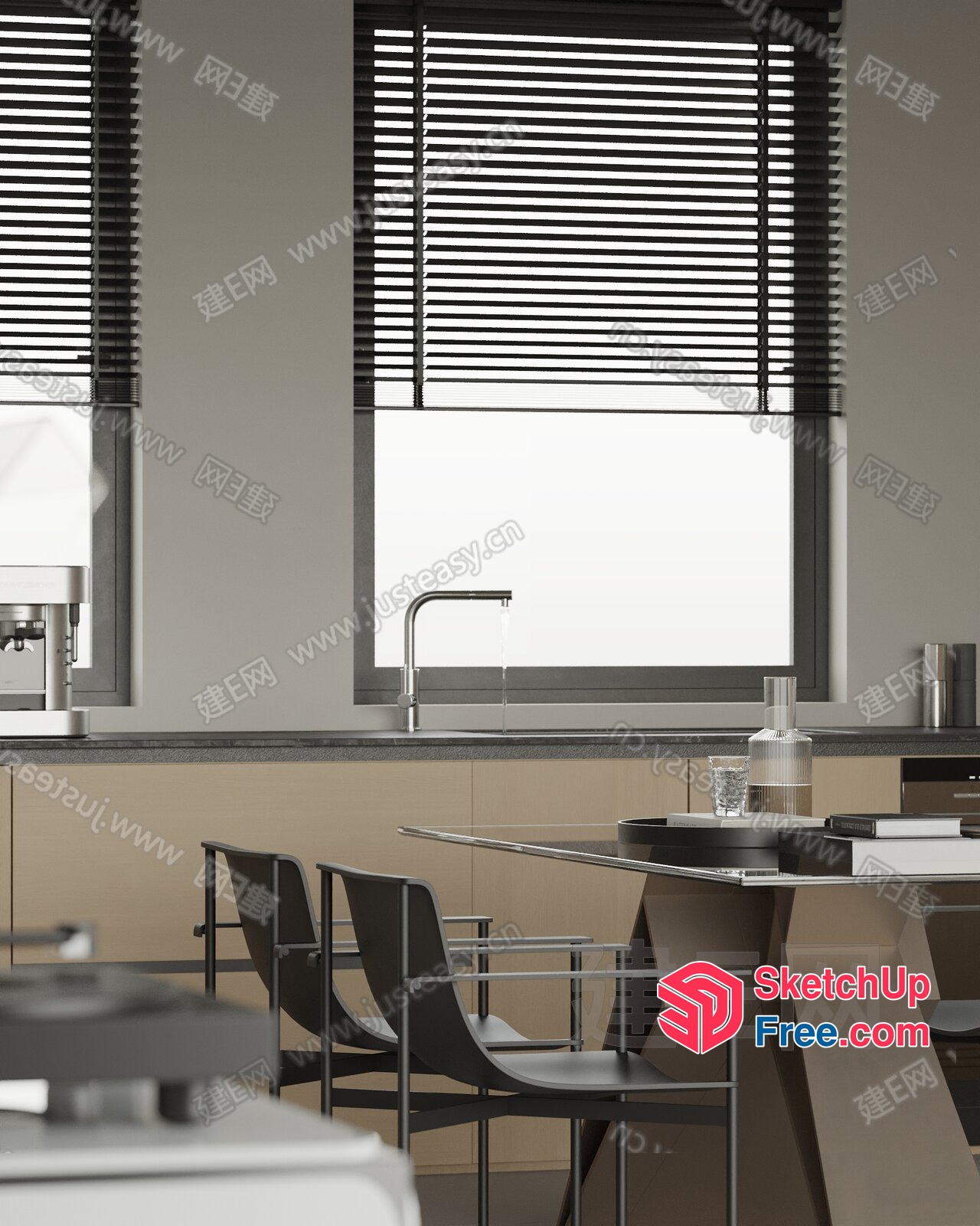 Modern Minimalist Kitchen With Stainless Steel Faucet And Table 3D SketchUp File