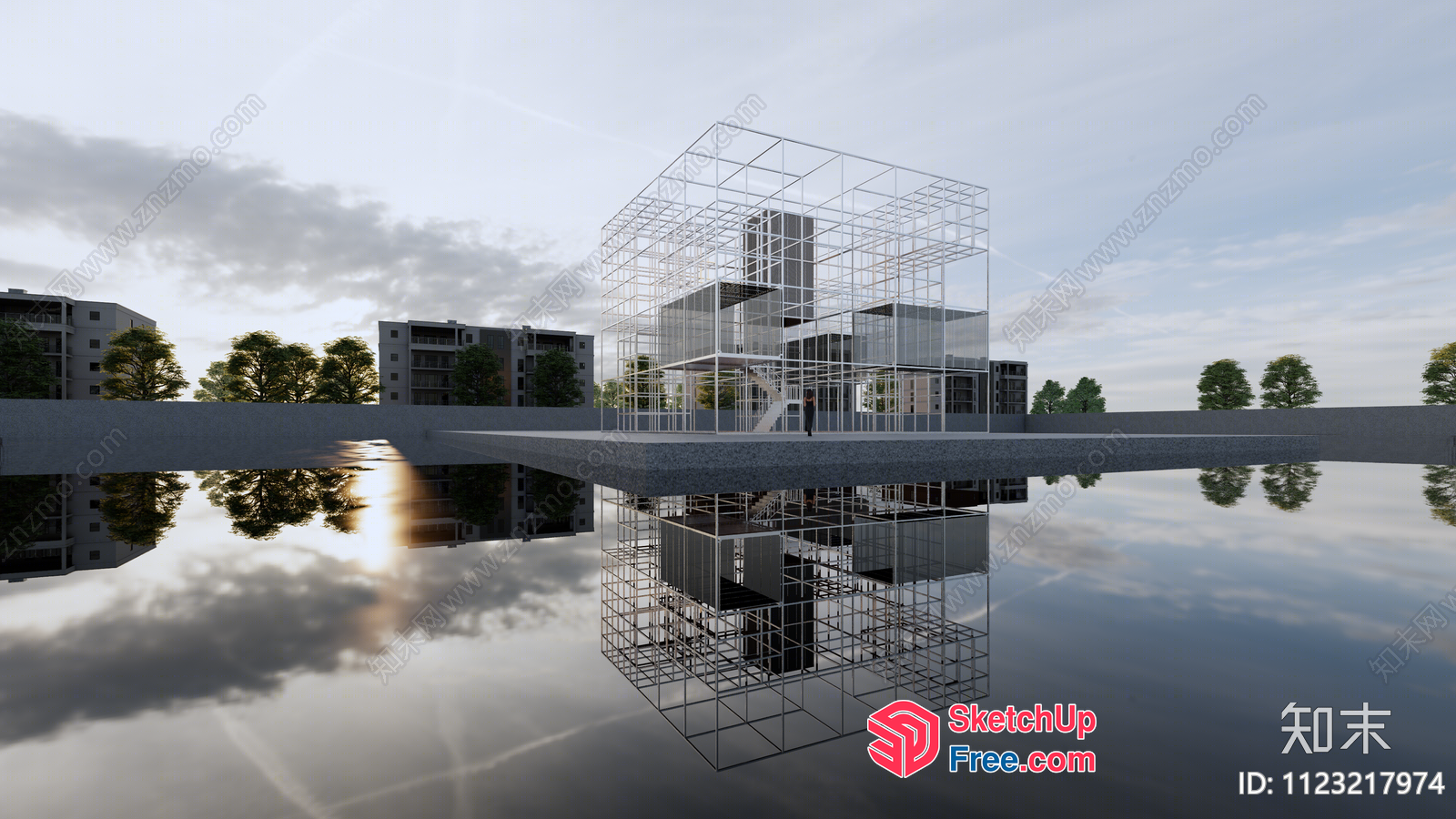 Modern Glass And Metal Structure Building With Reflections 3D SketchUp File