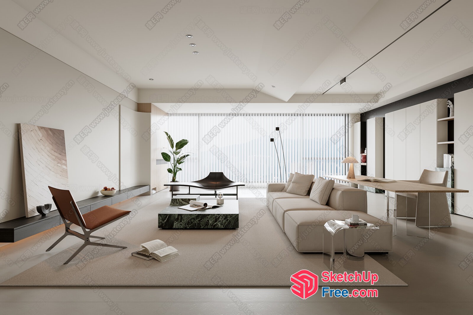 Modern Minimalist Living Room With Creamy Sofa And Marble Coffee Table 3D SketchUp File