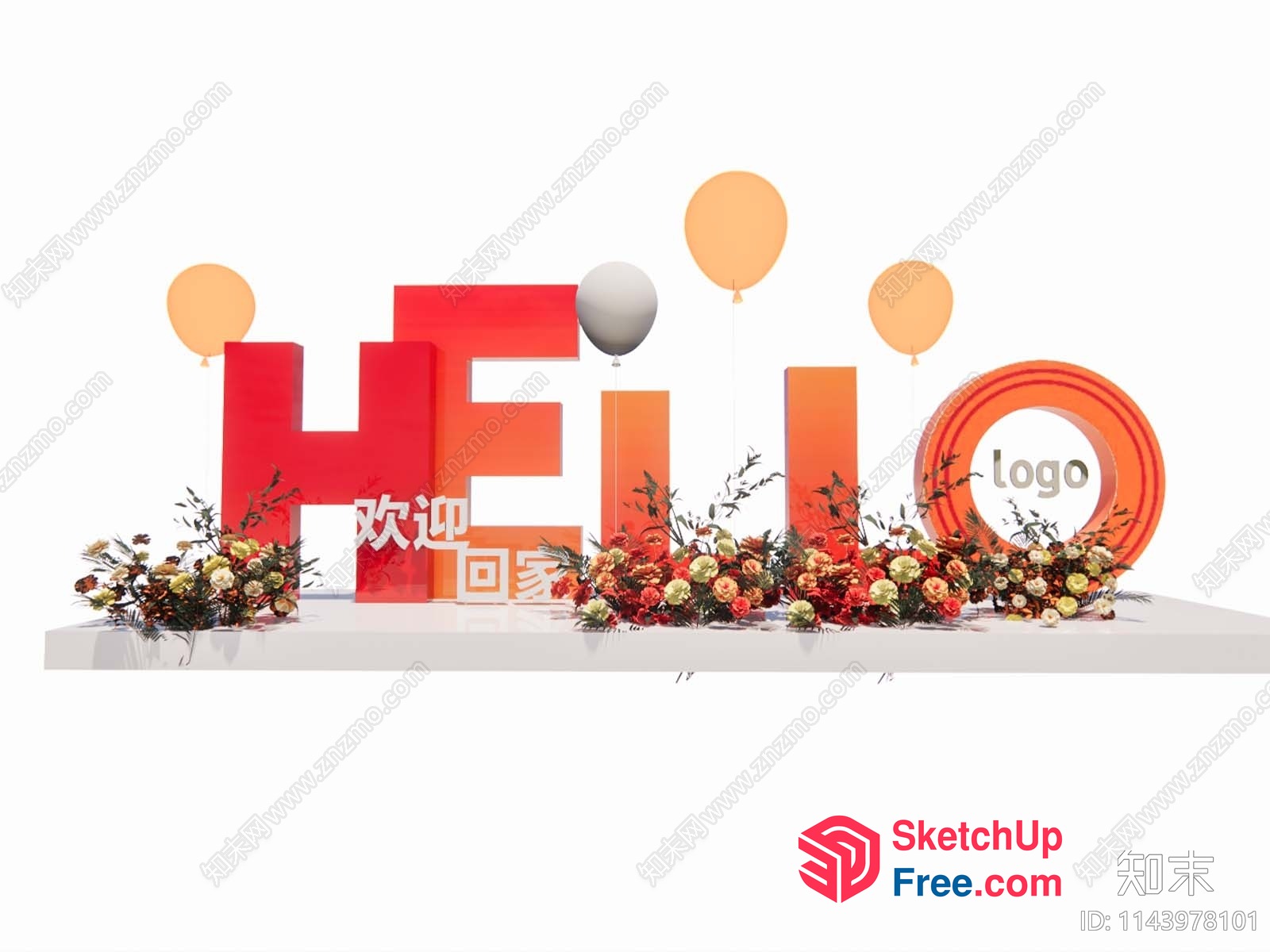 Vibrant Orange And Red Hello Sign With Floral Arrangement 3D SketchUp File