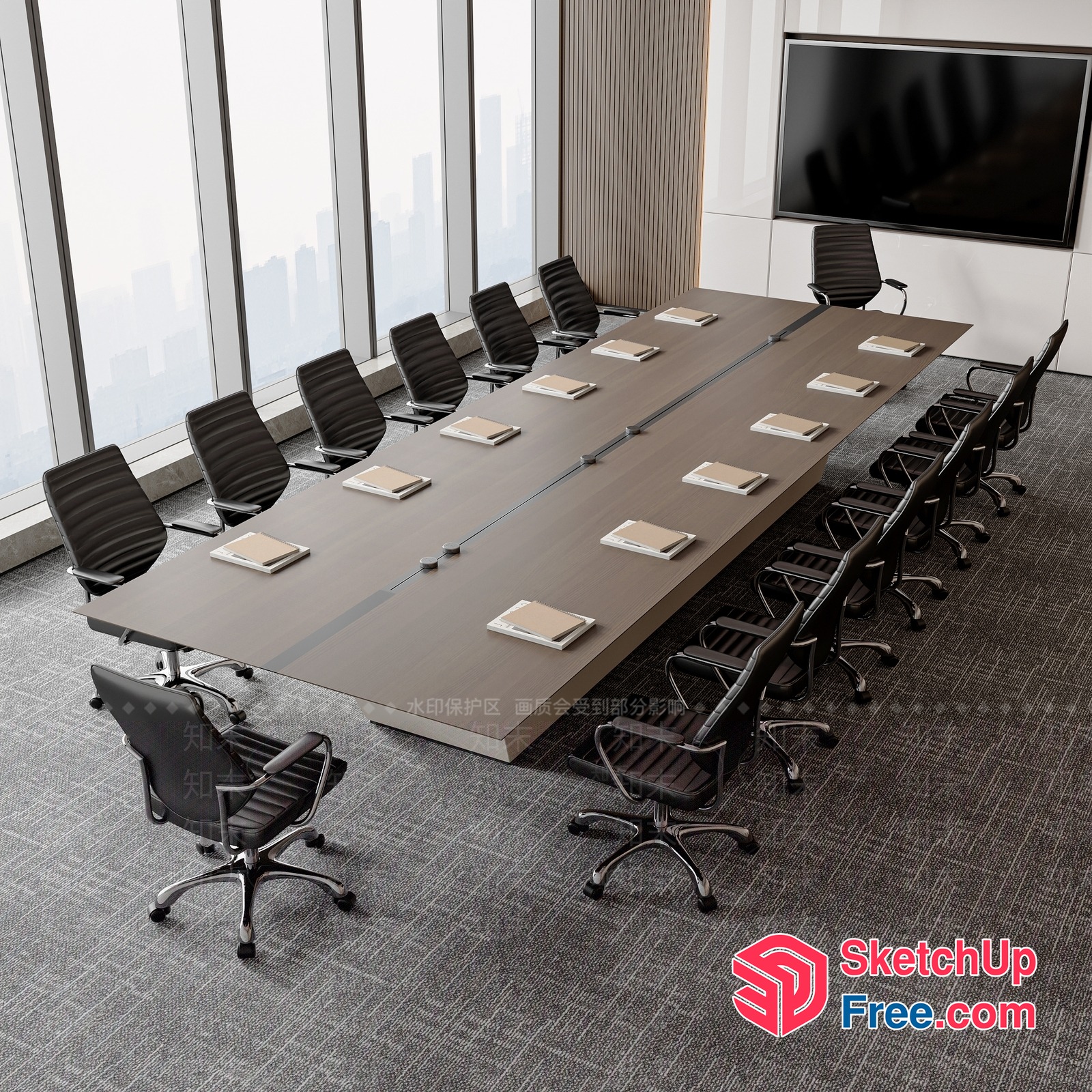 Modern Conference Room With Large Table And Black Chairs 3D SketchUp File