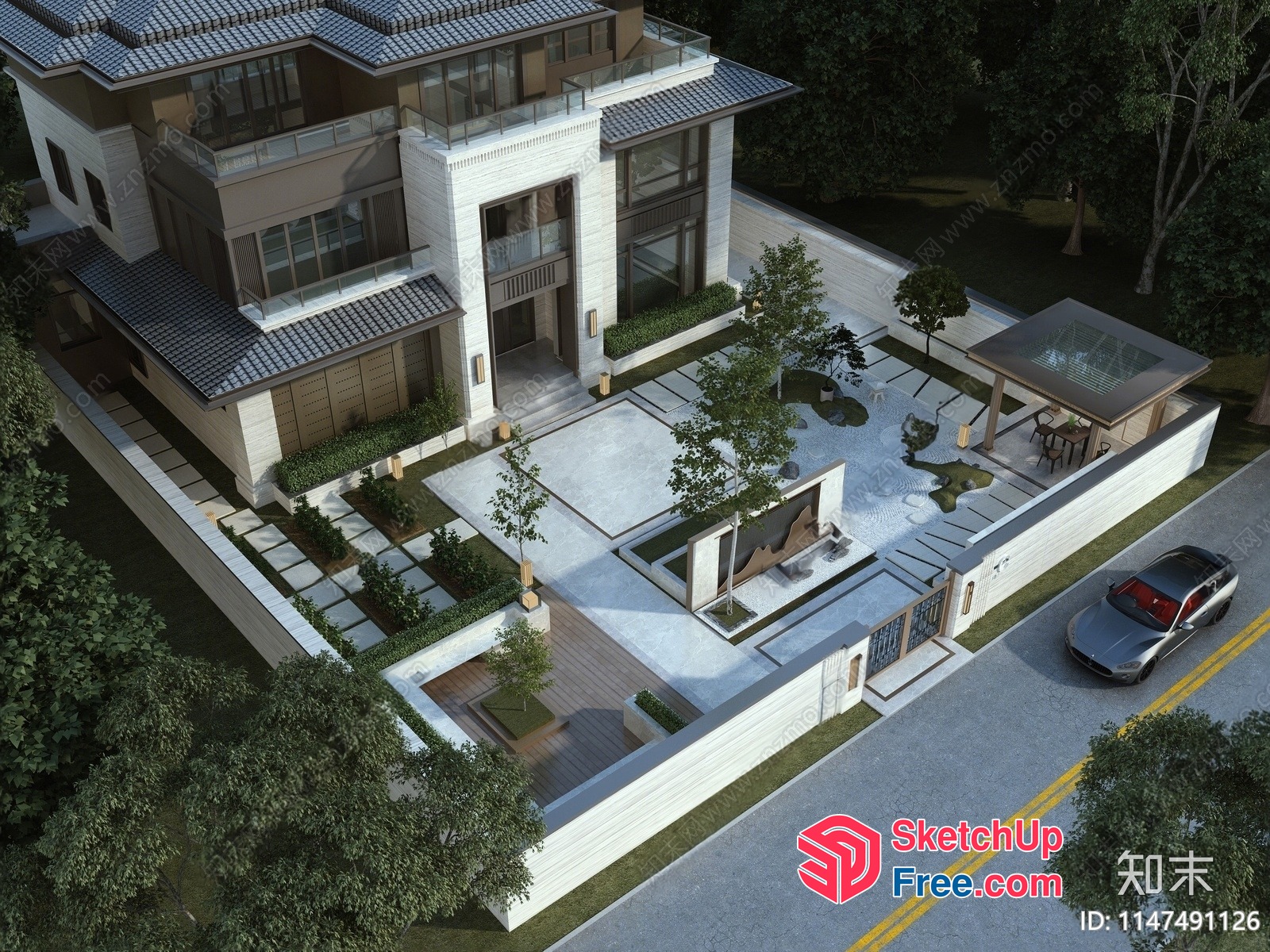 Modern Villa With Glass Curtain Wall And Outdoor Space 3D SketchUp File