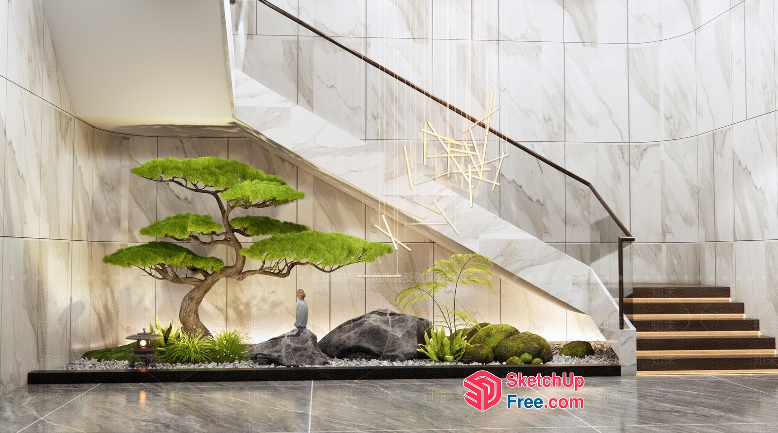 Elegant Japanese-Style Staircase With Serene Garden 3D SketchUp File
