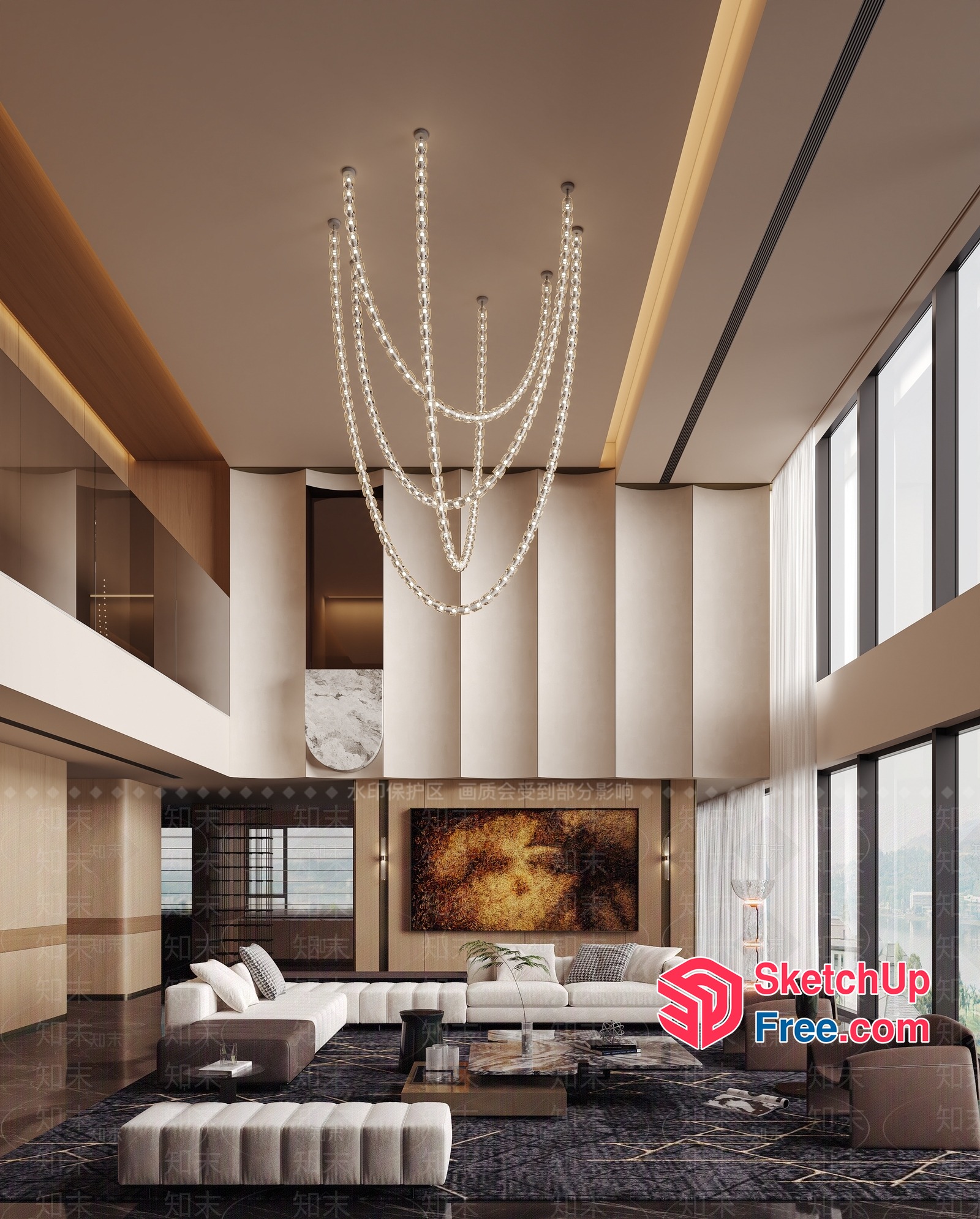 Modern Living Room With High Ceiling And Large Windows 3D SketchUp File