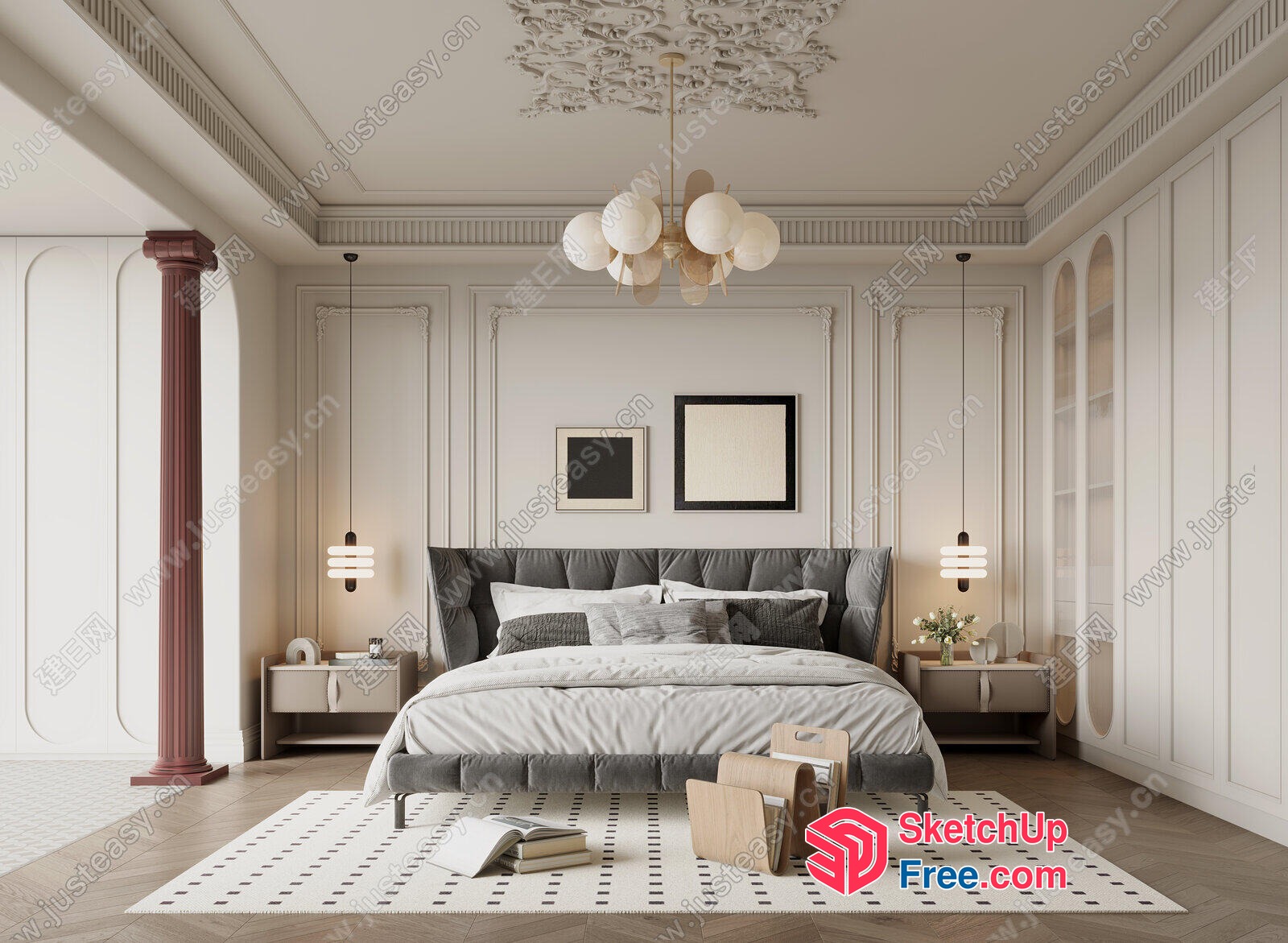 Elegant White And Grey Classic Bedroom Interior 3D SketchUp File